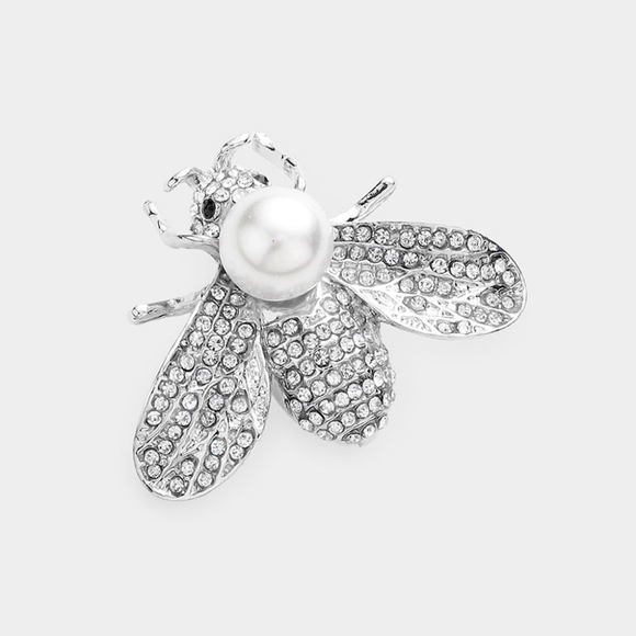 Silver Rhinestone Crystal Pearl Honey Bee Brooch Pin Fashion Accessory - Picture 1 of 2